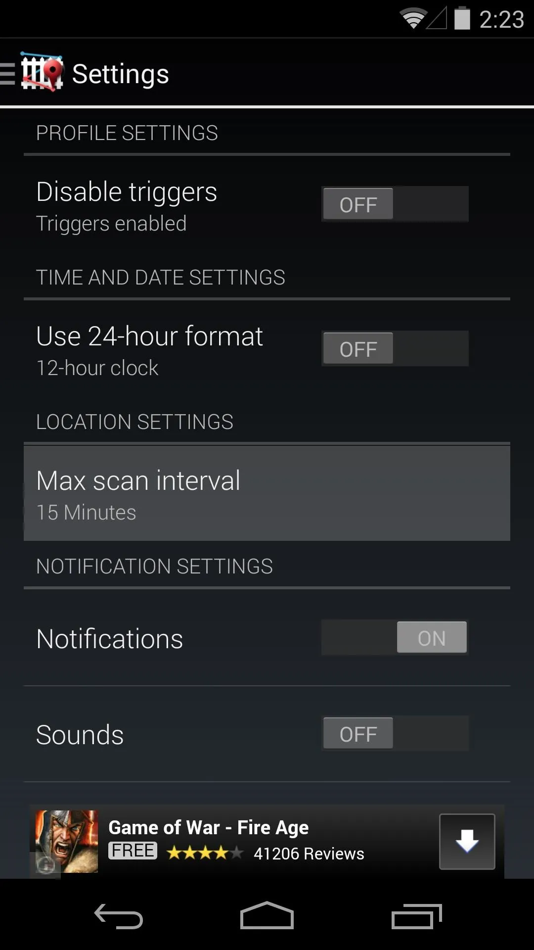 Settings menu of a mobile device displaying profile and notification options.