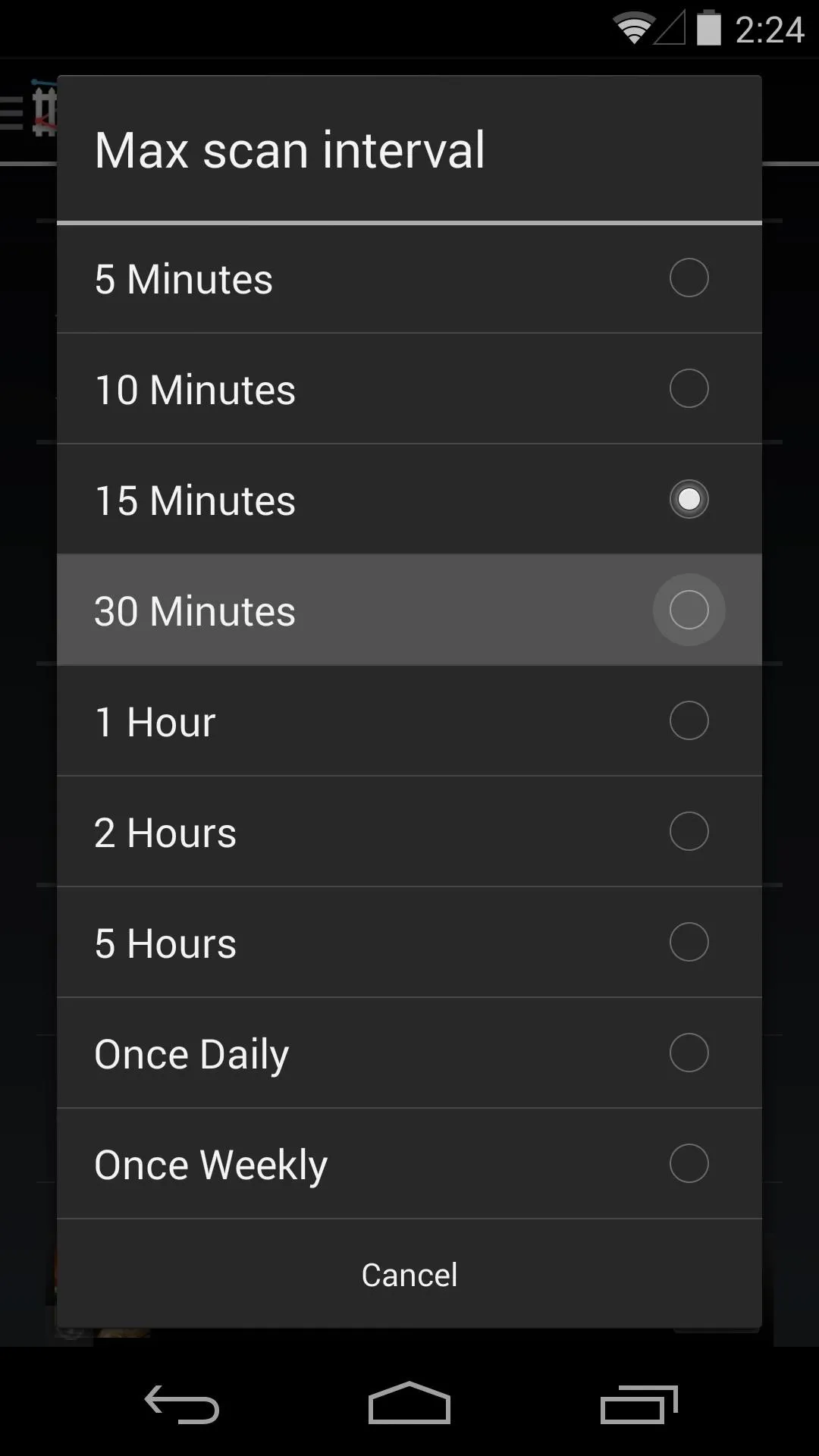 Max scan interval settings shown on a mobile device screen.