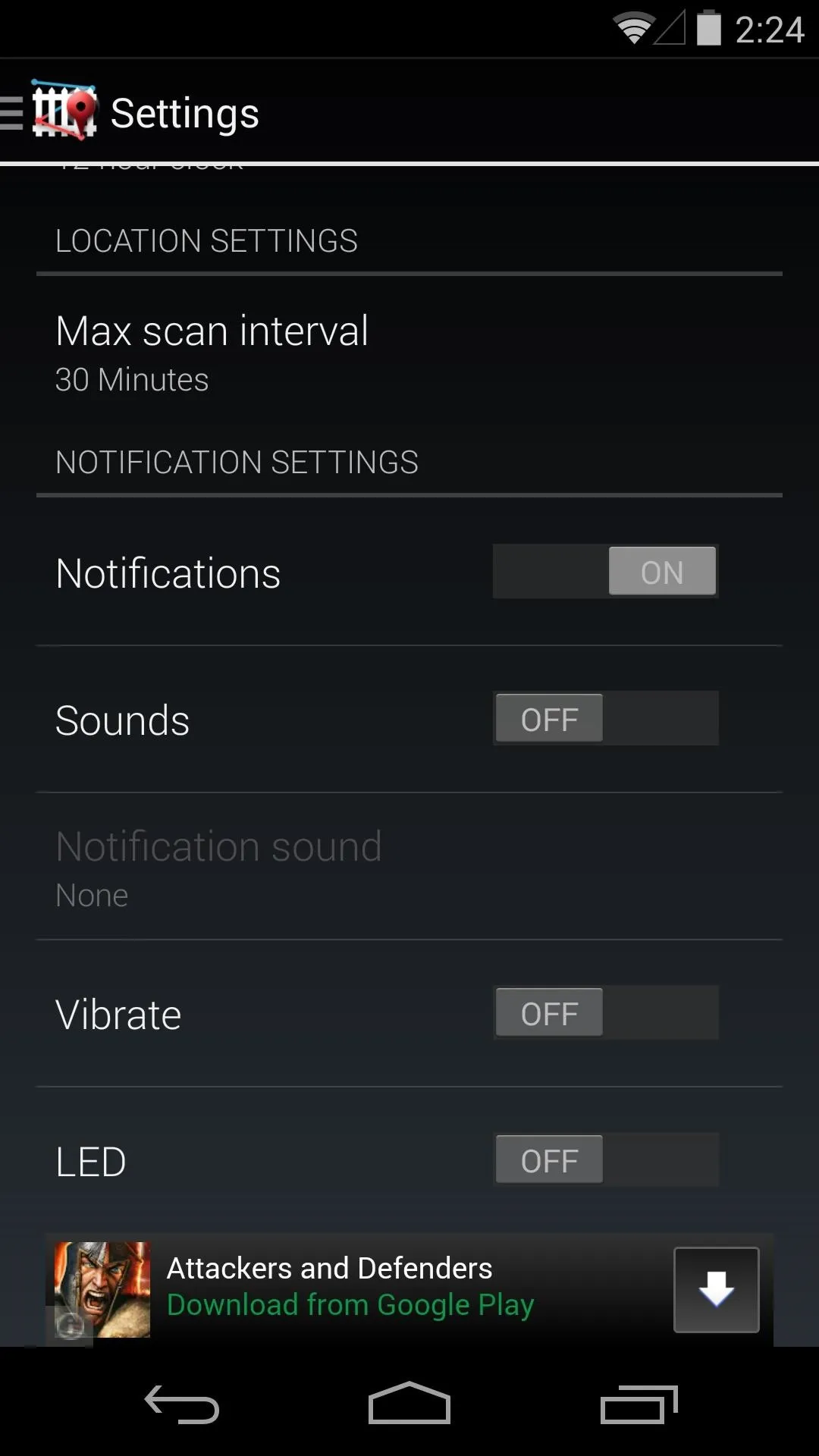 Settings menu displaying location and notification options.