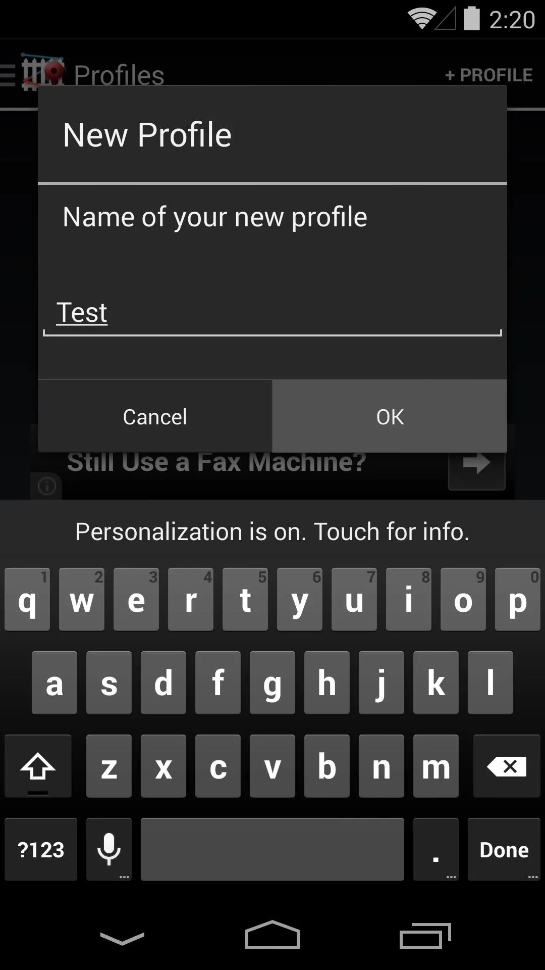 New profile creation interface with text input fields on a mobile device.