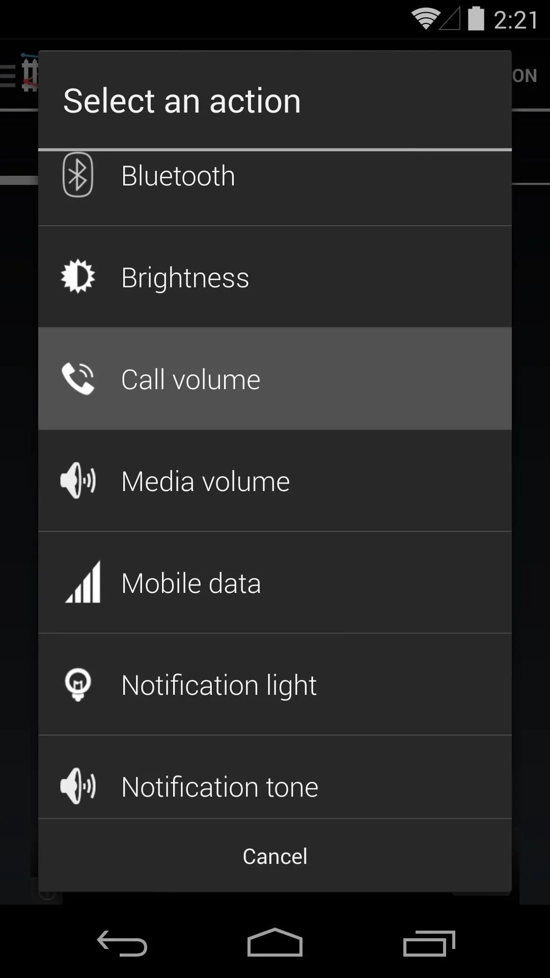 Settings menu with options for Bluetooth, brightness, call volume, mode volume, mobile data, notification light, and notification tone.