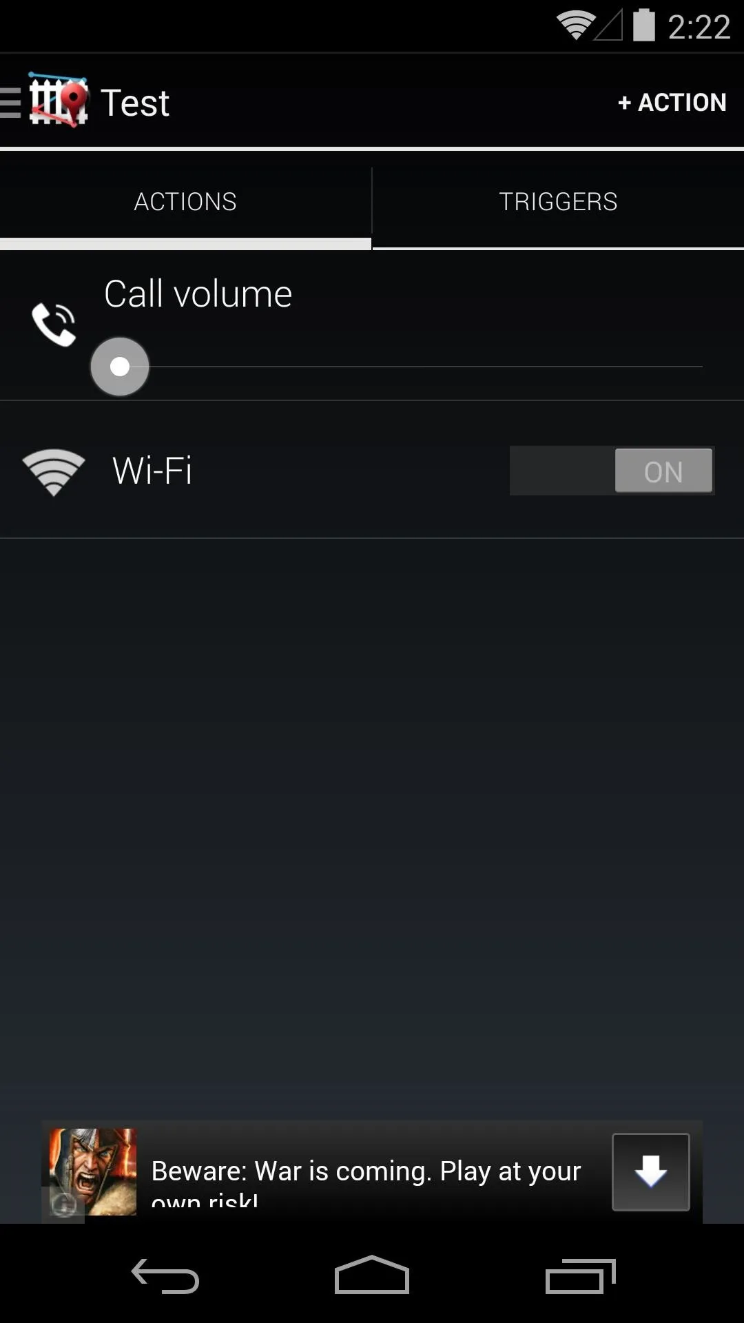 Mobile phone settings screen showing call volume and Wi-Fi options.