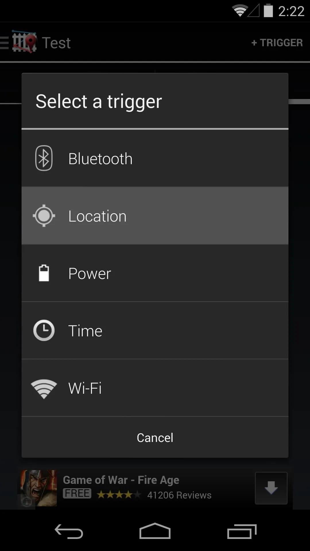 Alternative text: "User interface for selecting triggers in a mobile app, including options for Bluetooth, Location, Power, Time, and Wi-Fi."