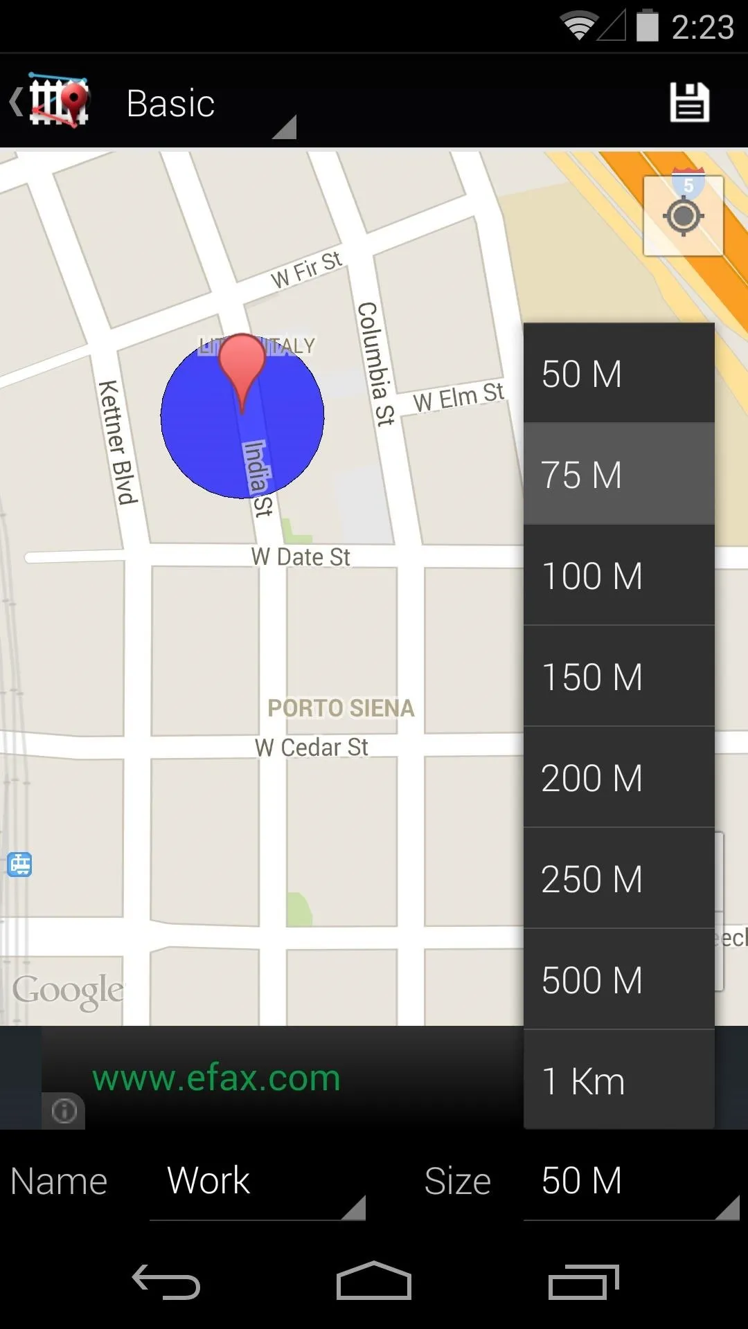 Map showing a location with a blue circle and a red marker, indicating distance measurements.