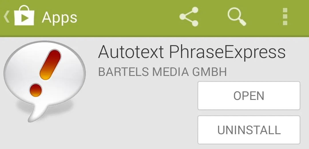 Autotext PhraseExpress app by Bartels Media GmbH with options to open or uninstall.