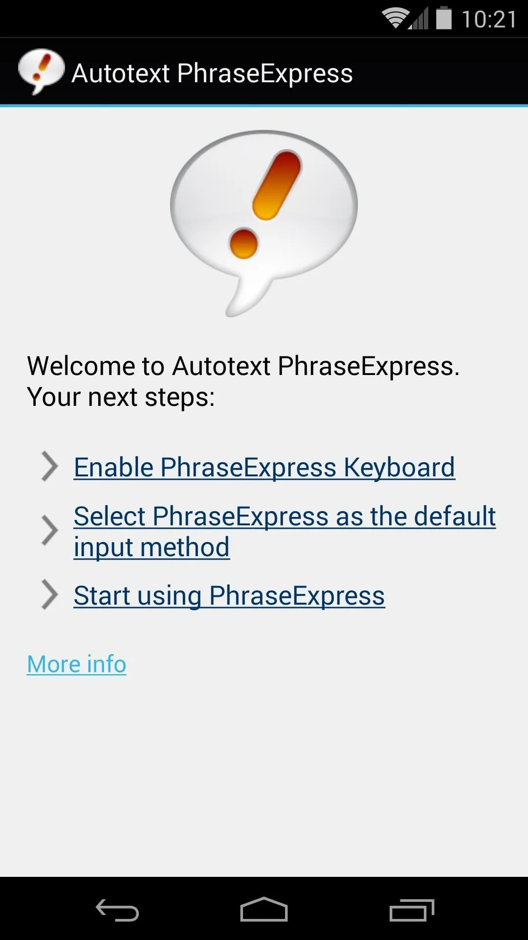 Welcome screen of Autotext PhraseExpress app with setup instructions.