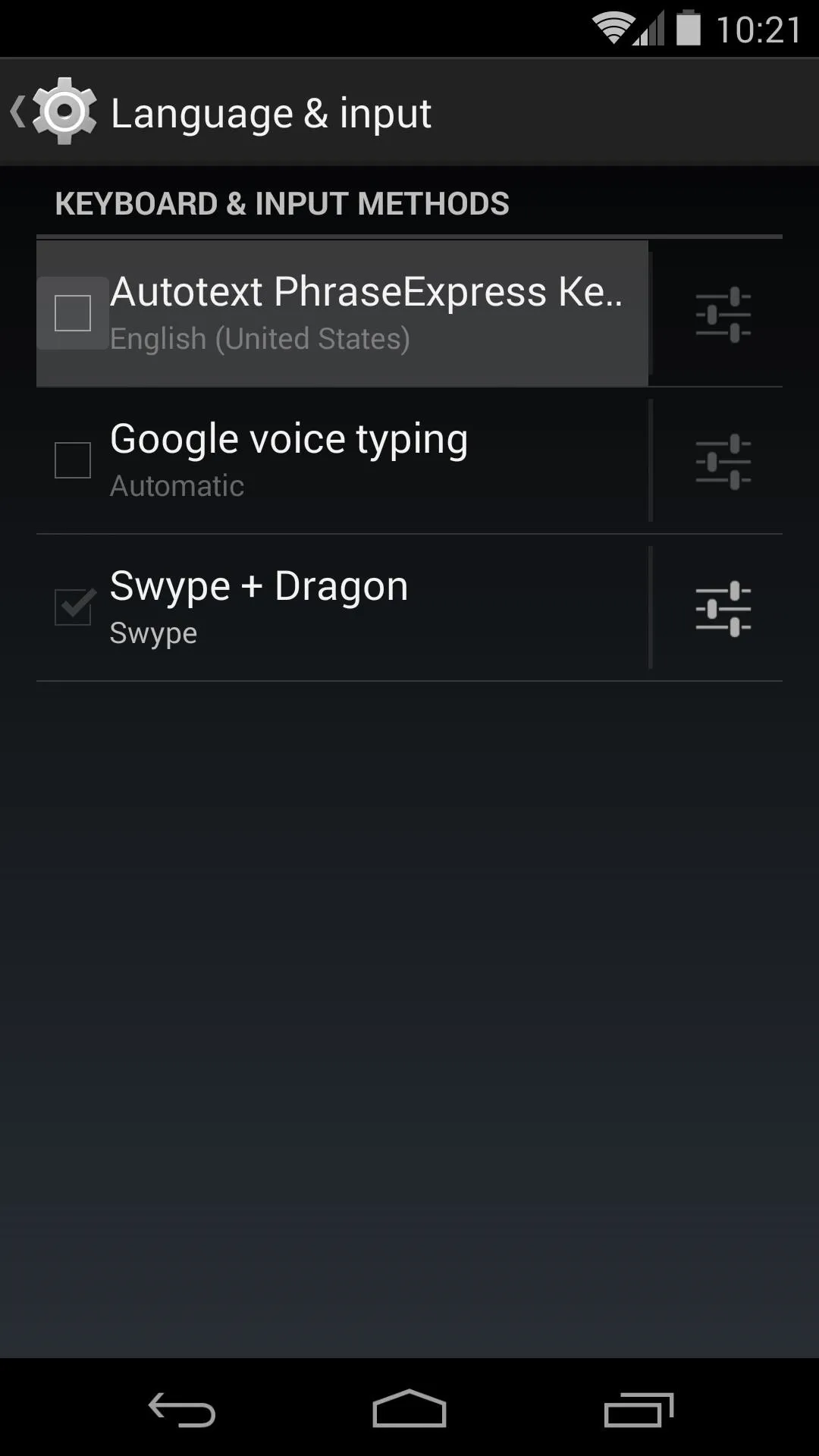 Settings menu for language and input options on a mobile device.