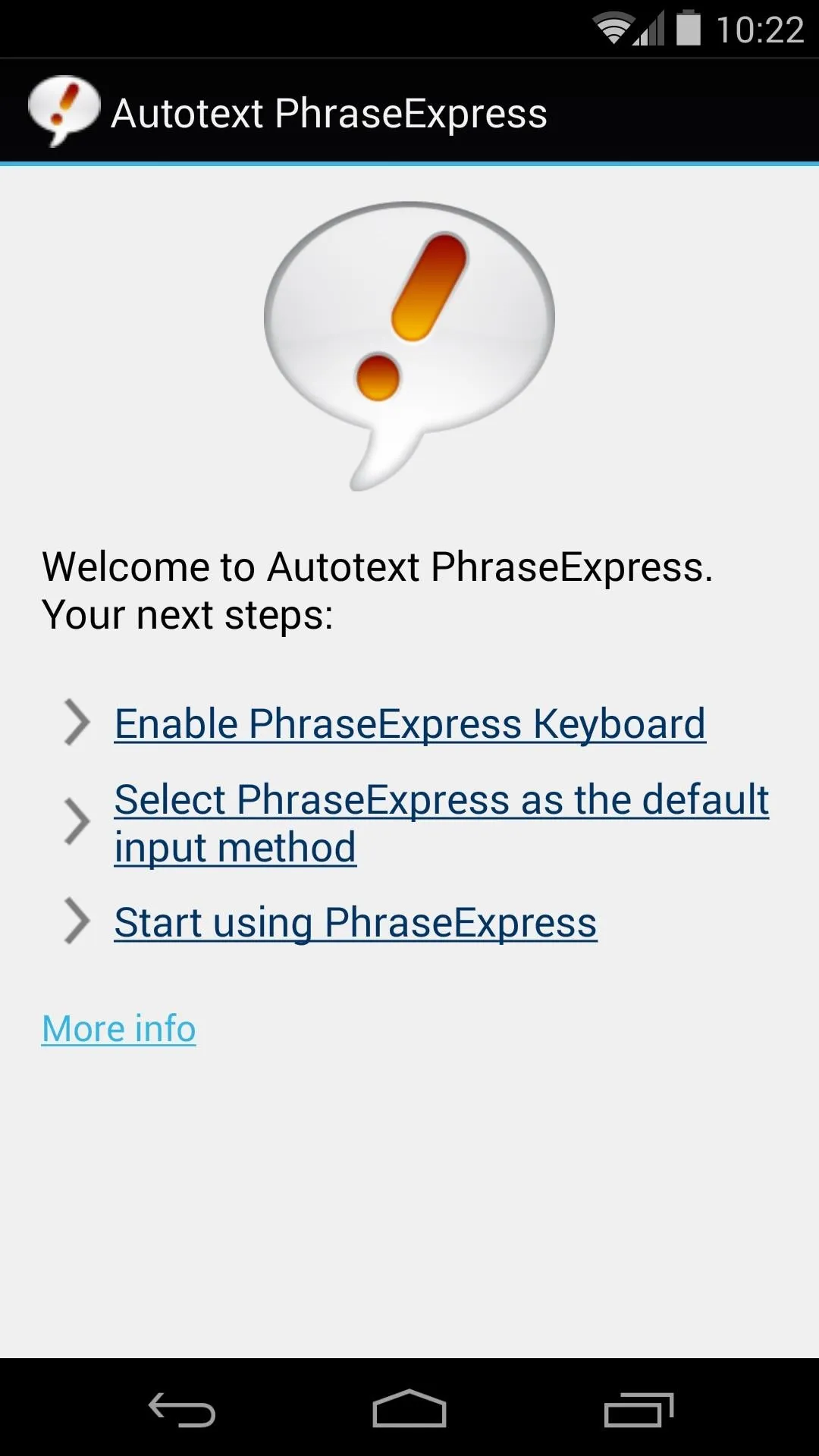 Welcome screen of AutoHotkey PhraseExpress app with setup instructions.