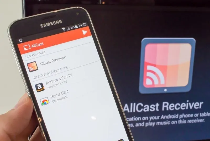 Smartphone displaying AllCast Receiver app interface next to a TV screen.