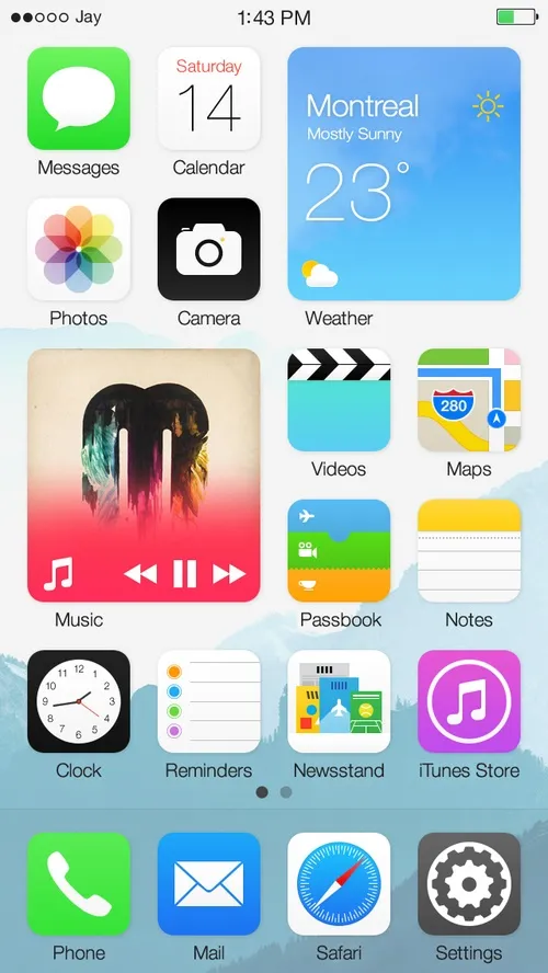 iPhone home screen displaying music app and weather widget.