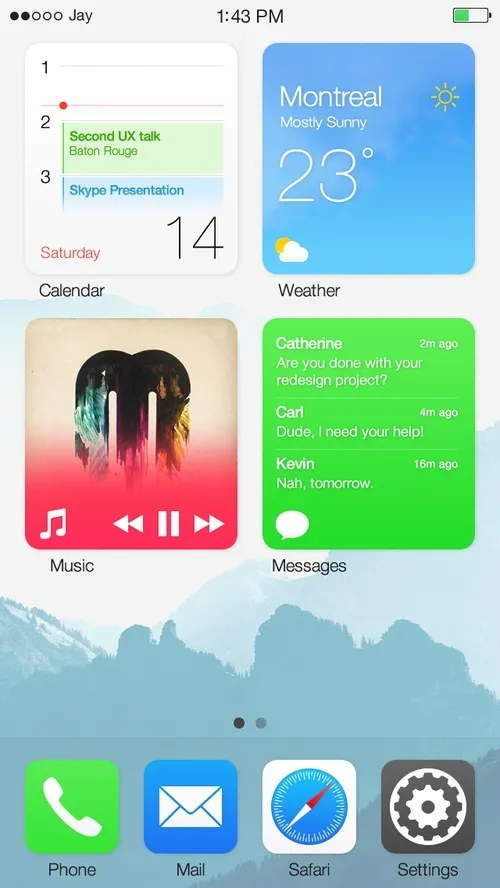 iPhone home screen displaying weather, calendar, and music controls.