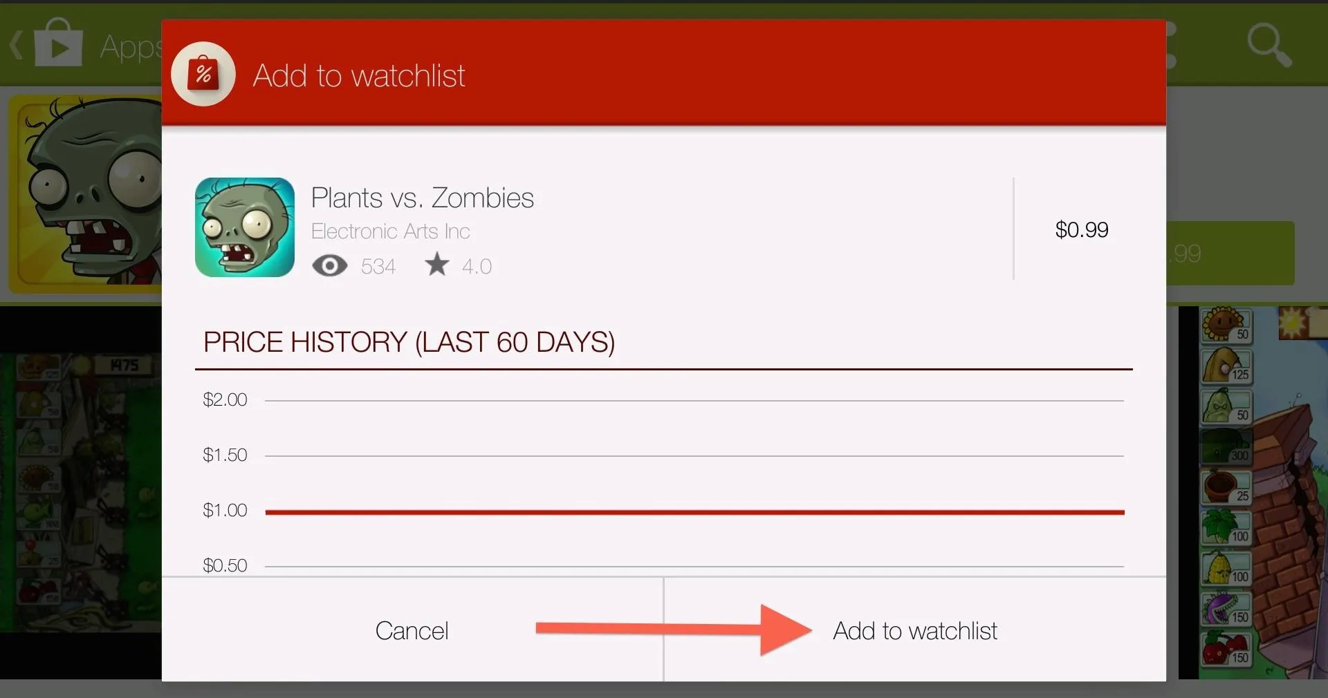 Plants vs. Zombies app price history and add to wishlist option.
