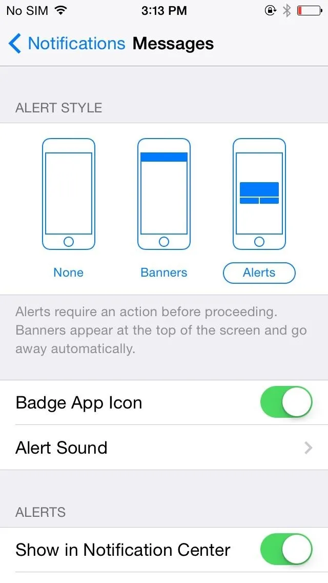 Settings interface displaying notification options for messages, including alert style and app icon badge options.