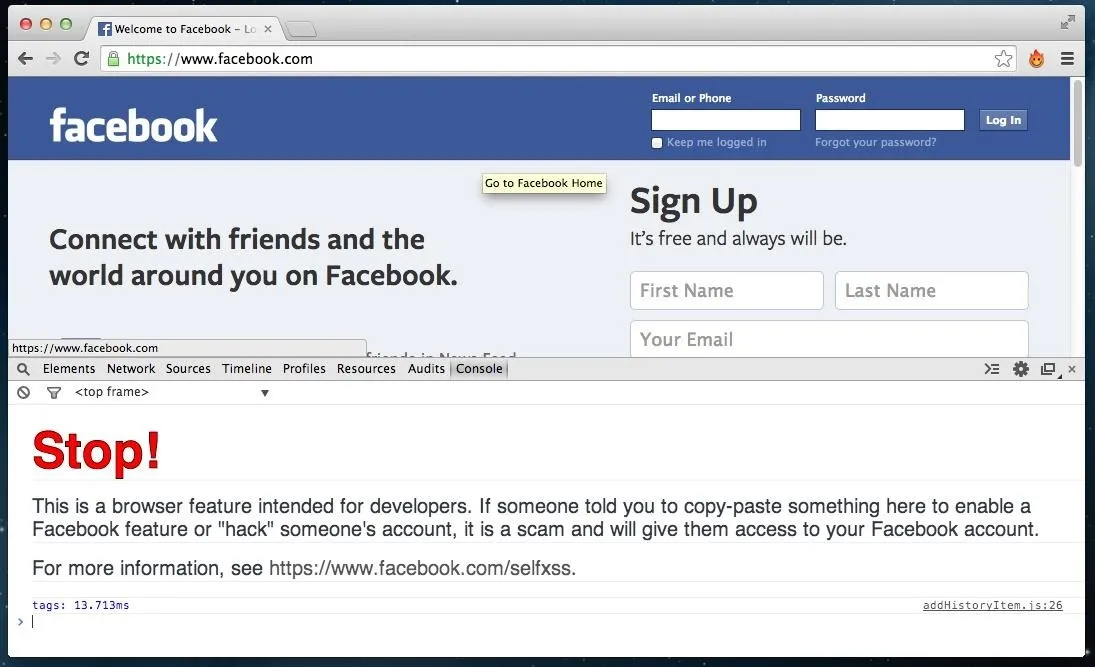 Facebook login page with a warning message for developers about account security.