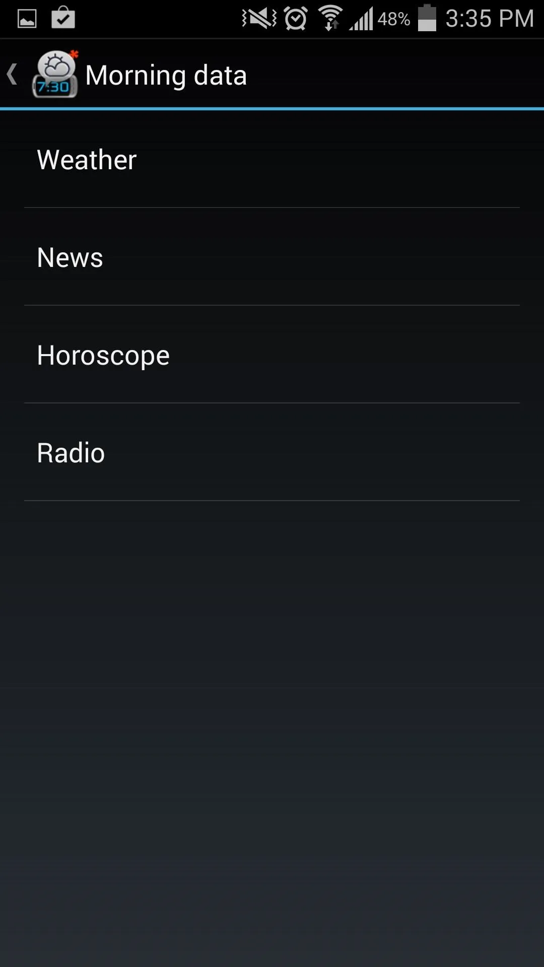 Morning data options menu: Weather, Menu, Horoscope, Radio.