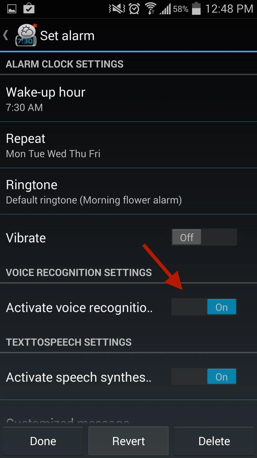 Settings menu for alarm with voice recognition options on a mobile device.