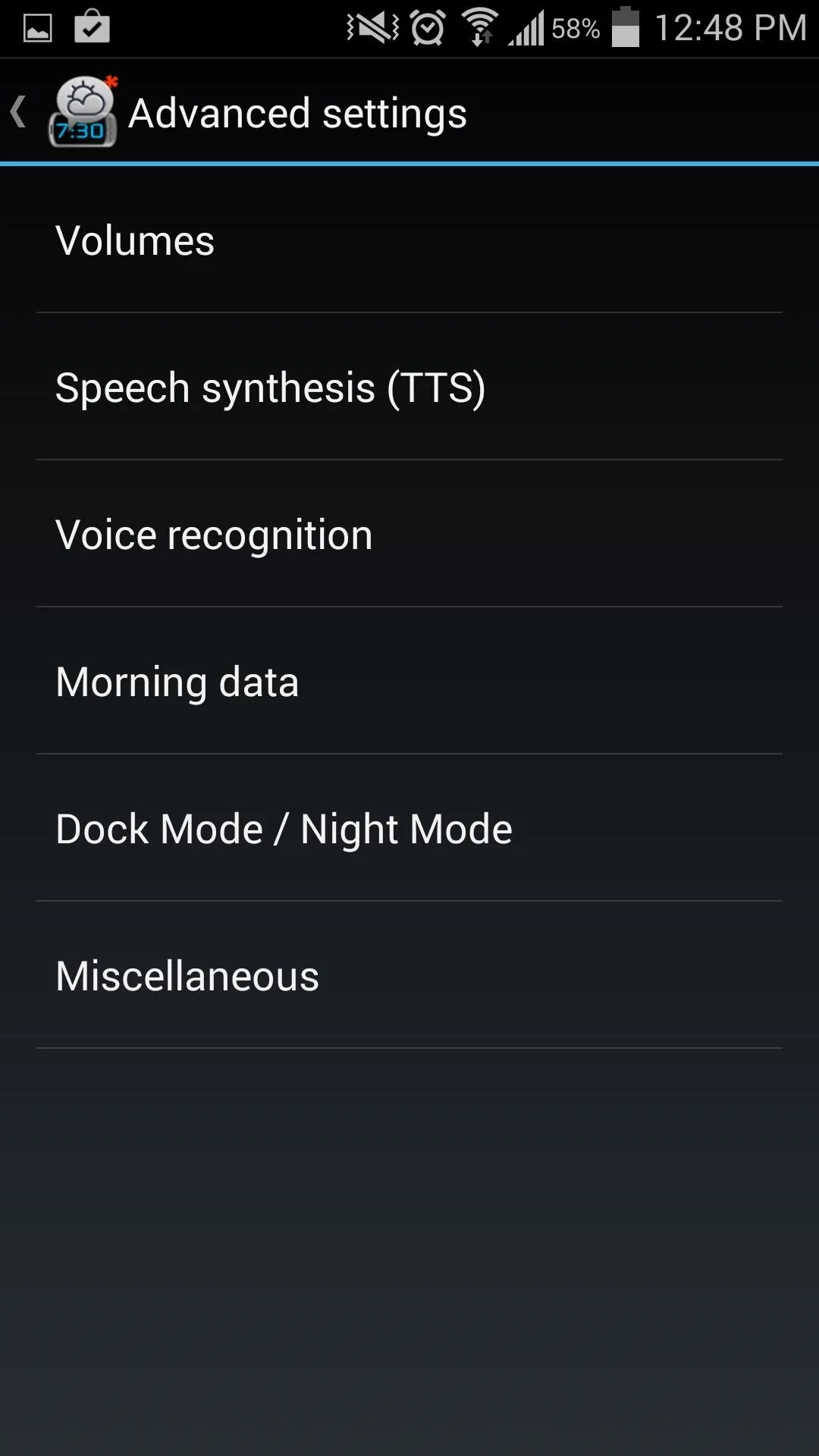 Advanced settings menu on a mobile device with options for volume, speech synthesis, voice recognition, and more.