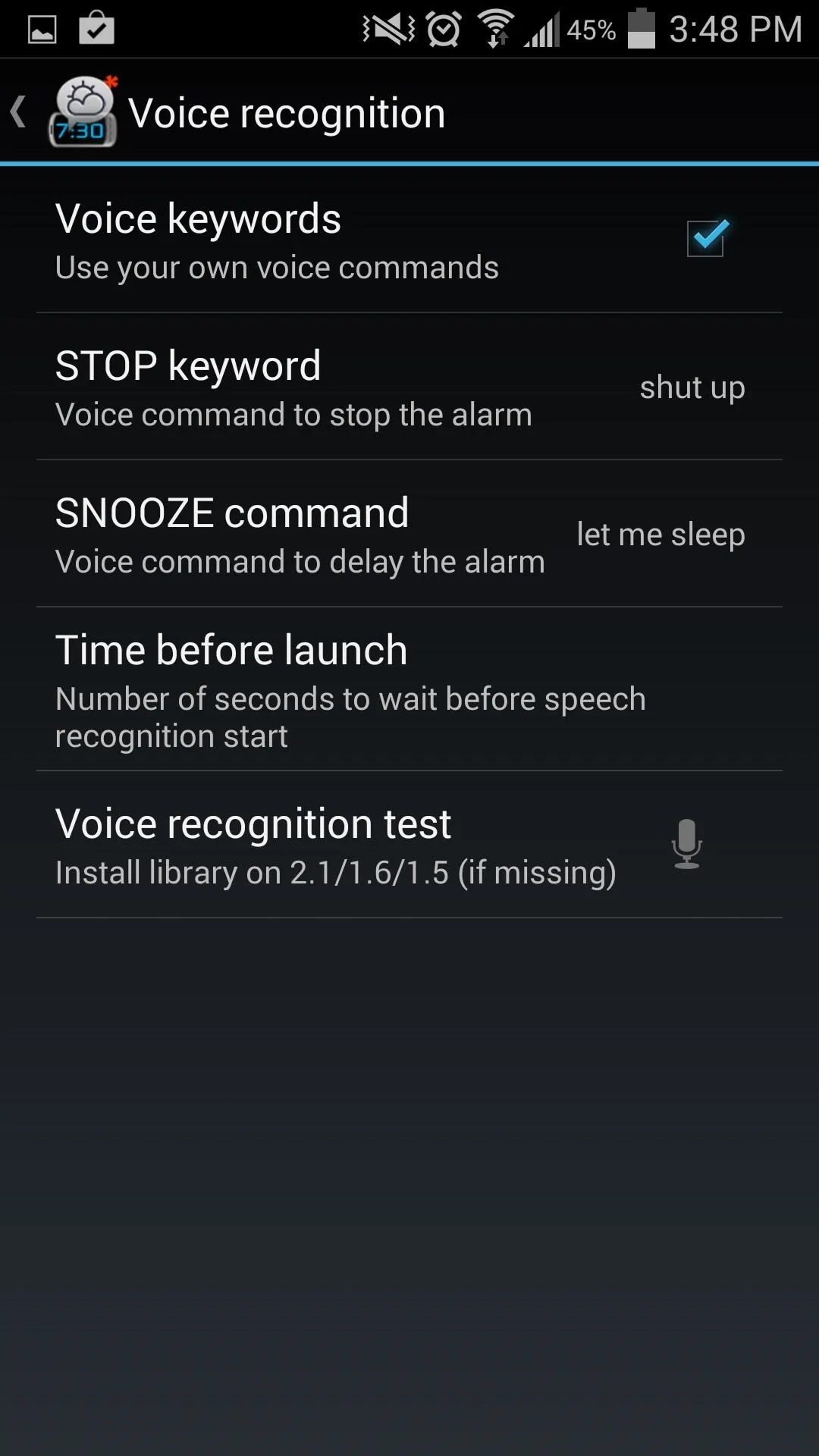 Voice recognition settings screen with options for keyword activation and command input.