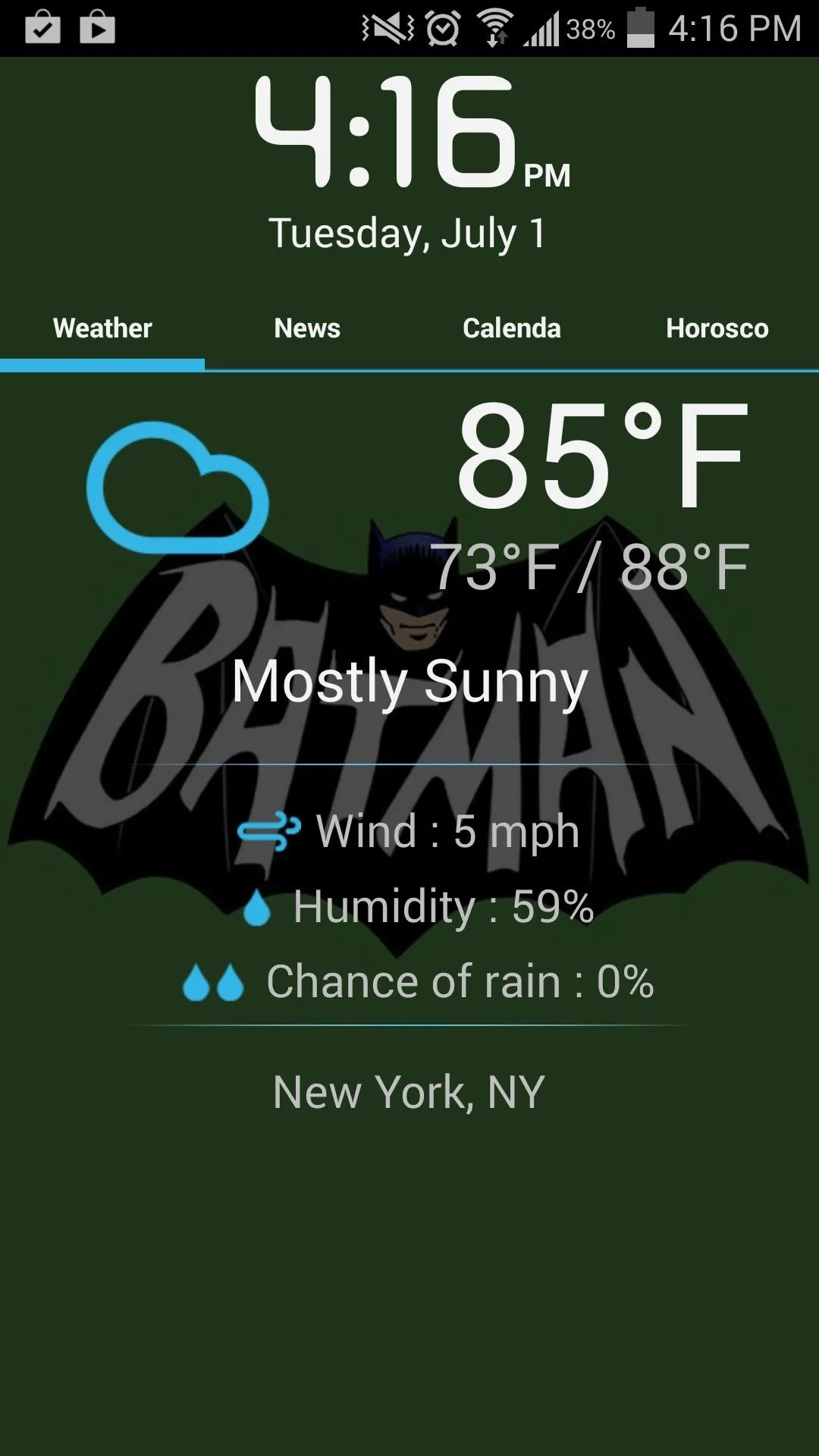 Weather update display featuring a Batman theme background.