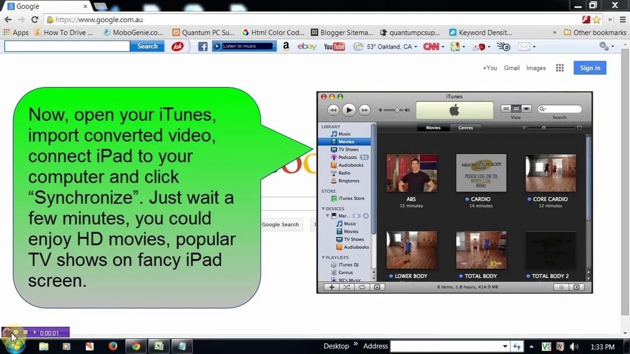 Instructional screenshot showing how to import videos to iTunes for viewing on an iPad.