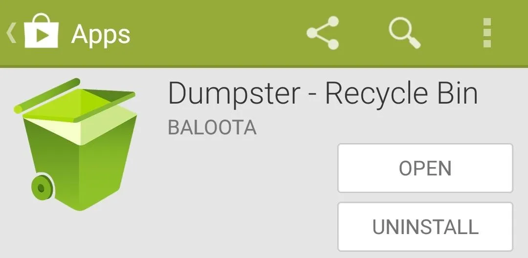 Screenshot of the Dumpster - Recycle Bin app interface on a mobile device.