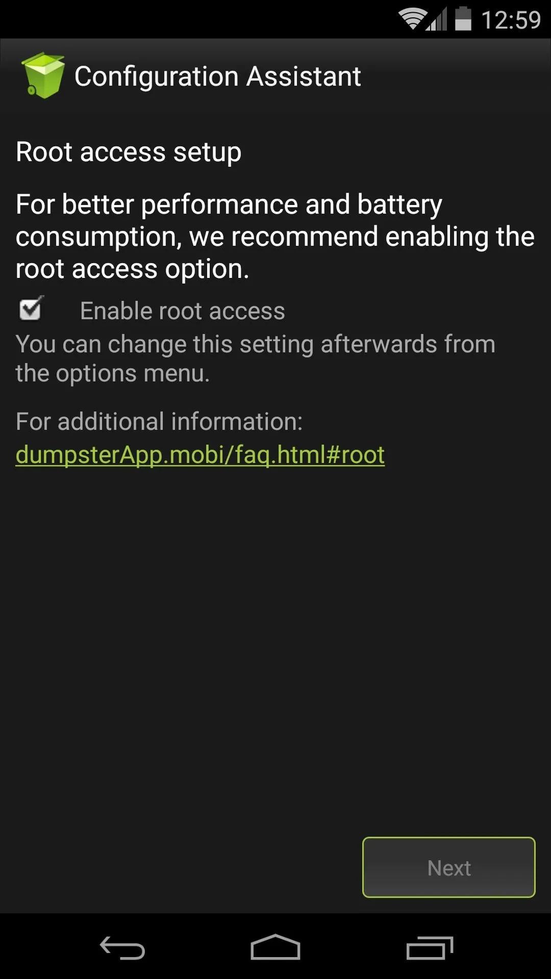 Root access setup instructions on a mobile device.