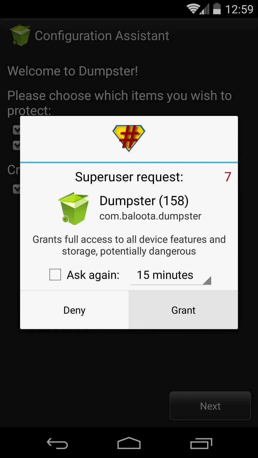 Superuser request for Dangpot app on Android device.