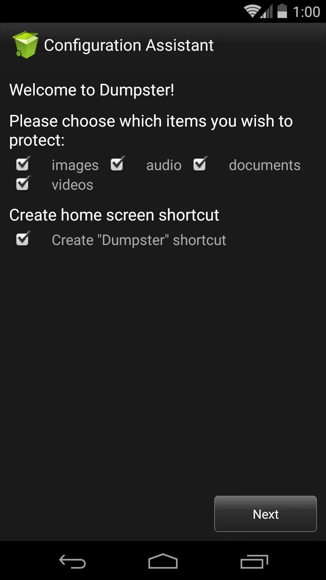 Configuration Assistant screen with options to protect files and create a home screen shortcut.