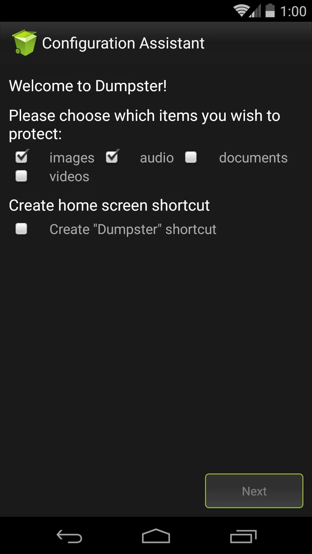 Configuration Assistant screen for Dumpster app with options to select items to protect and create a home screen shortcut.