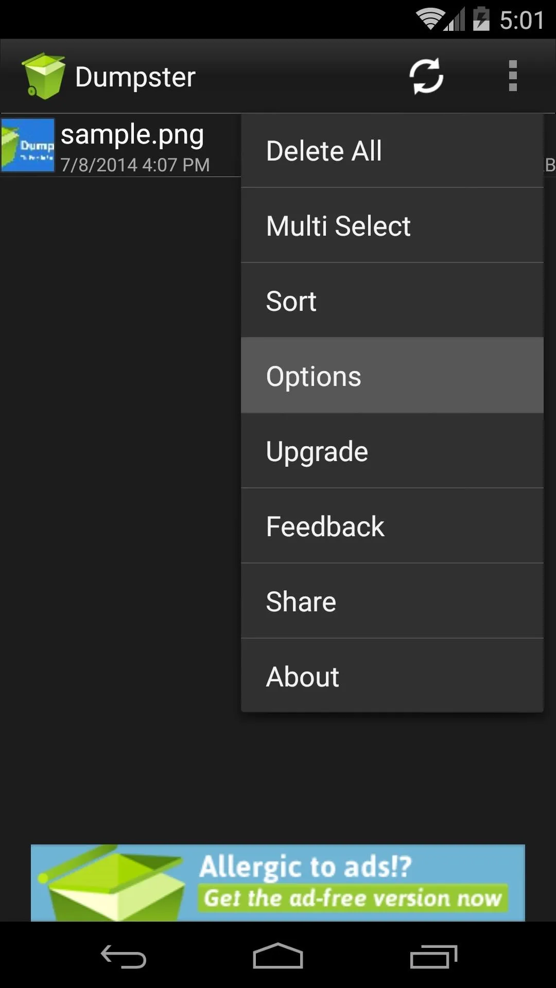 Menu options in a mobile app interface displaying actions like delete, select, and share.