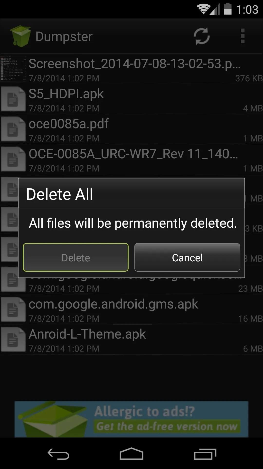 Delete confirmation prompt on an Android device.