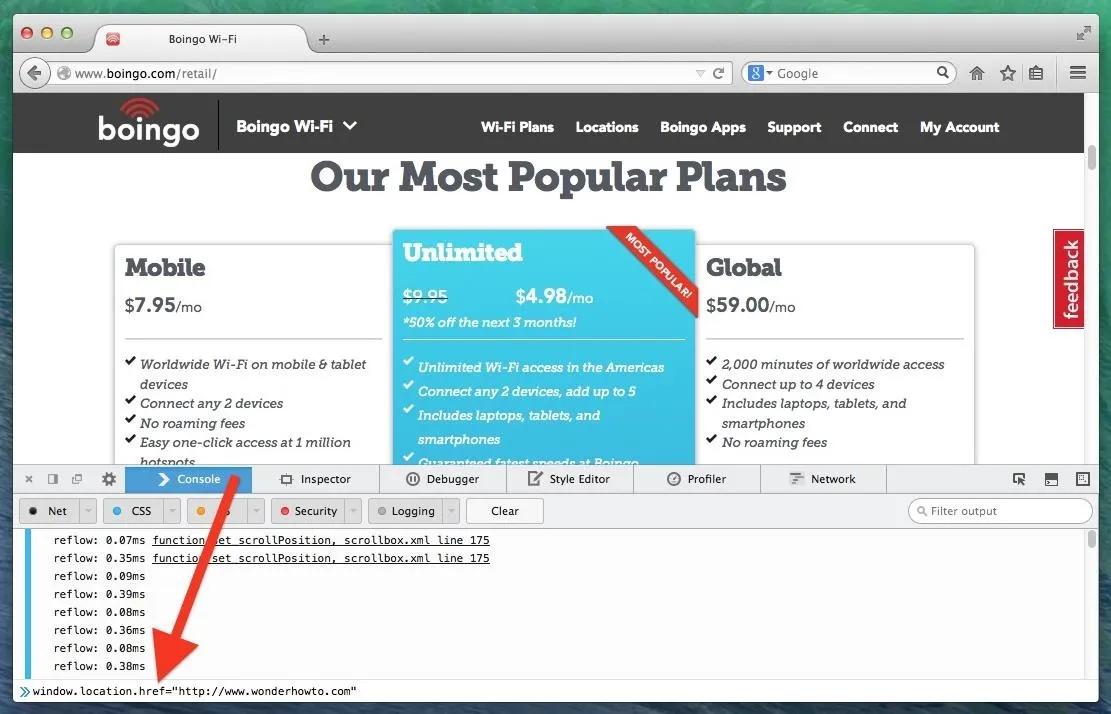 Alternative text: Screenshot of Boingo's pricing plans for mobile, unlimited, and global services.