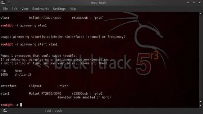 Terminal window displaying command-line output from Kali Linux related to wireless network monitoring.