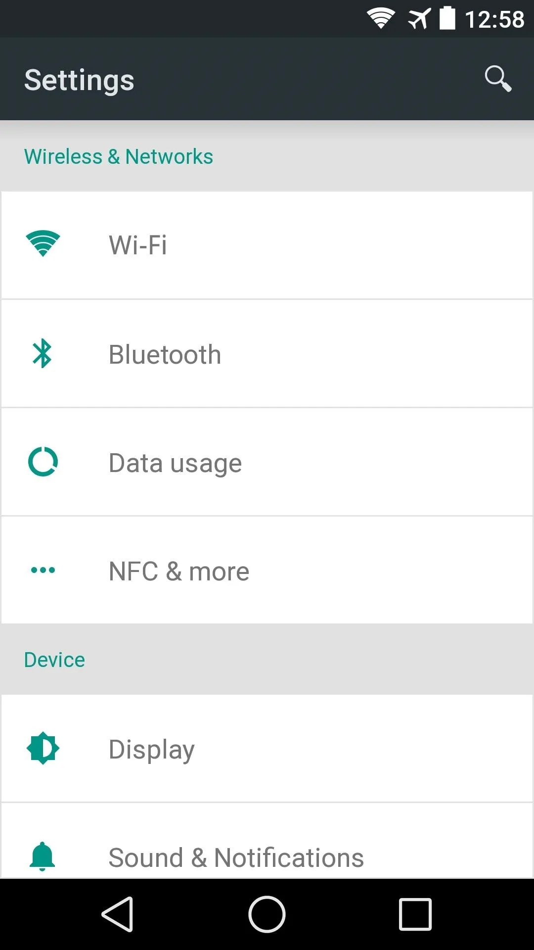 Mobile device settings menu showing wireless and device options.