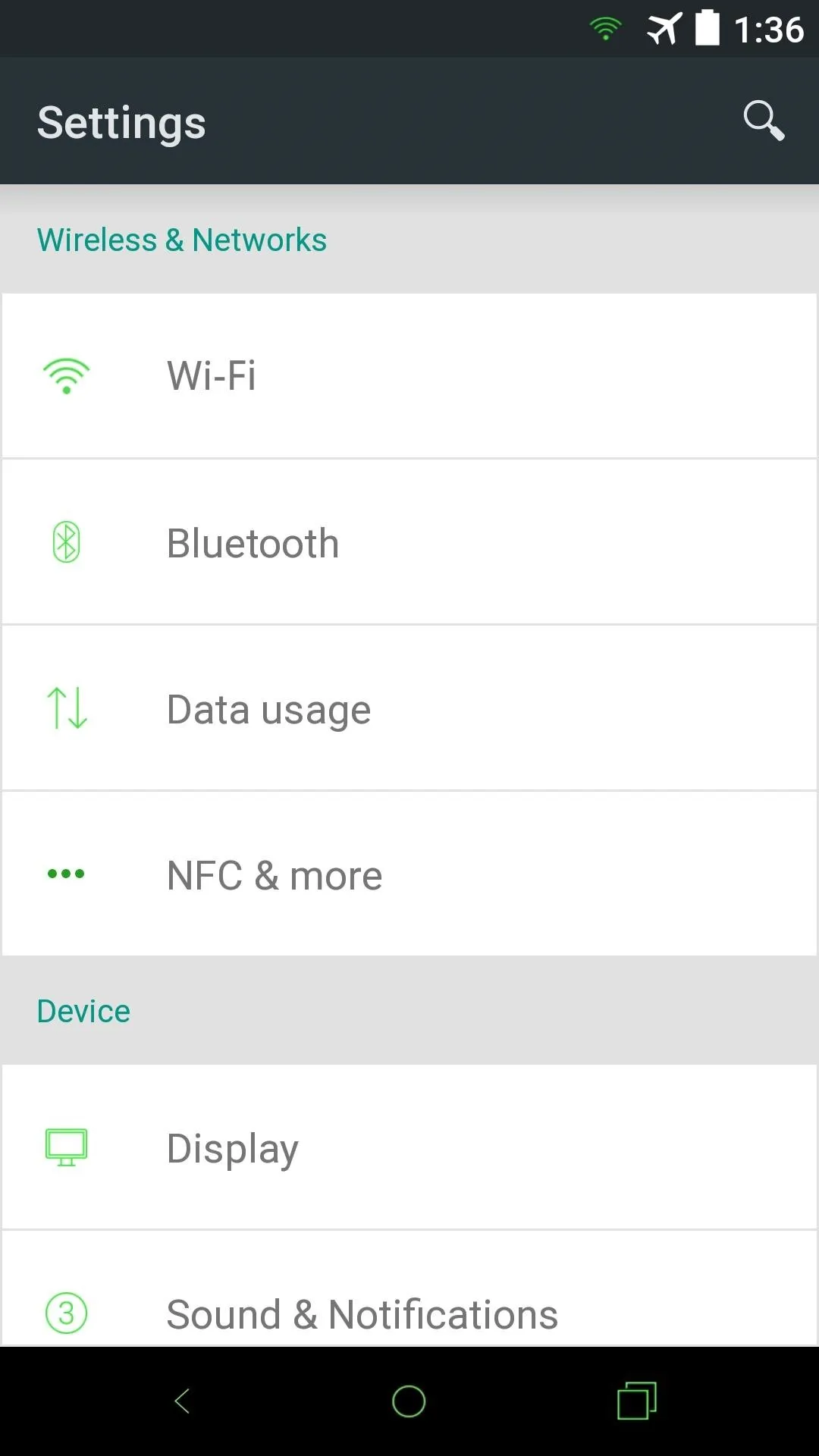 Mobile settings menu with options for Wi-Fi, Bluetooth, data usage, and additional settings.