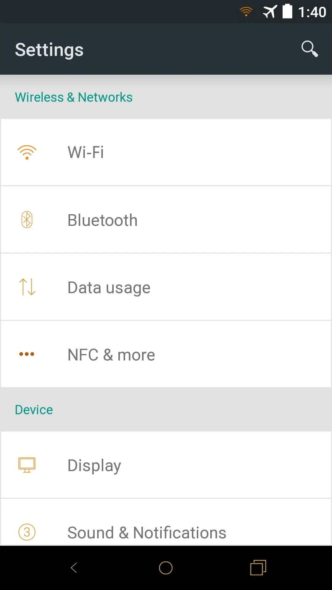 Mobile settings menu displaying options like Wi-Fi, Bluetooth, and Data usage.