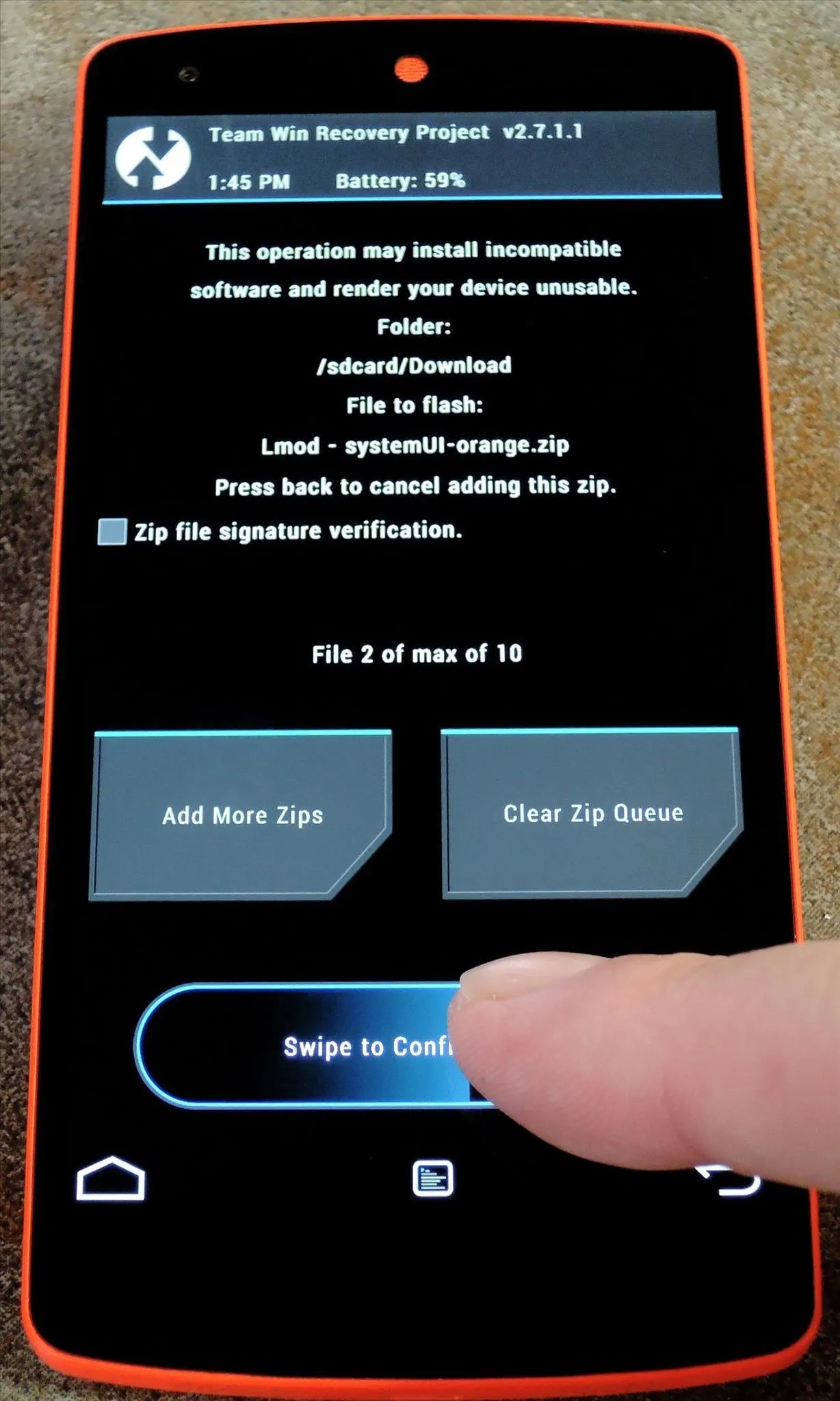 Mobile app interface showing options to add work data or clear the server, with a finger pointing to a button labeled "Return to Edit."