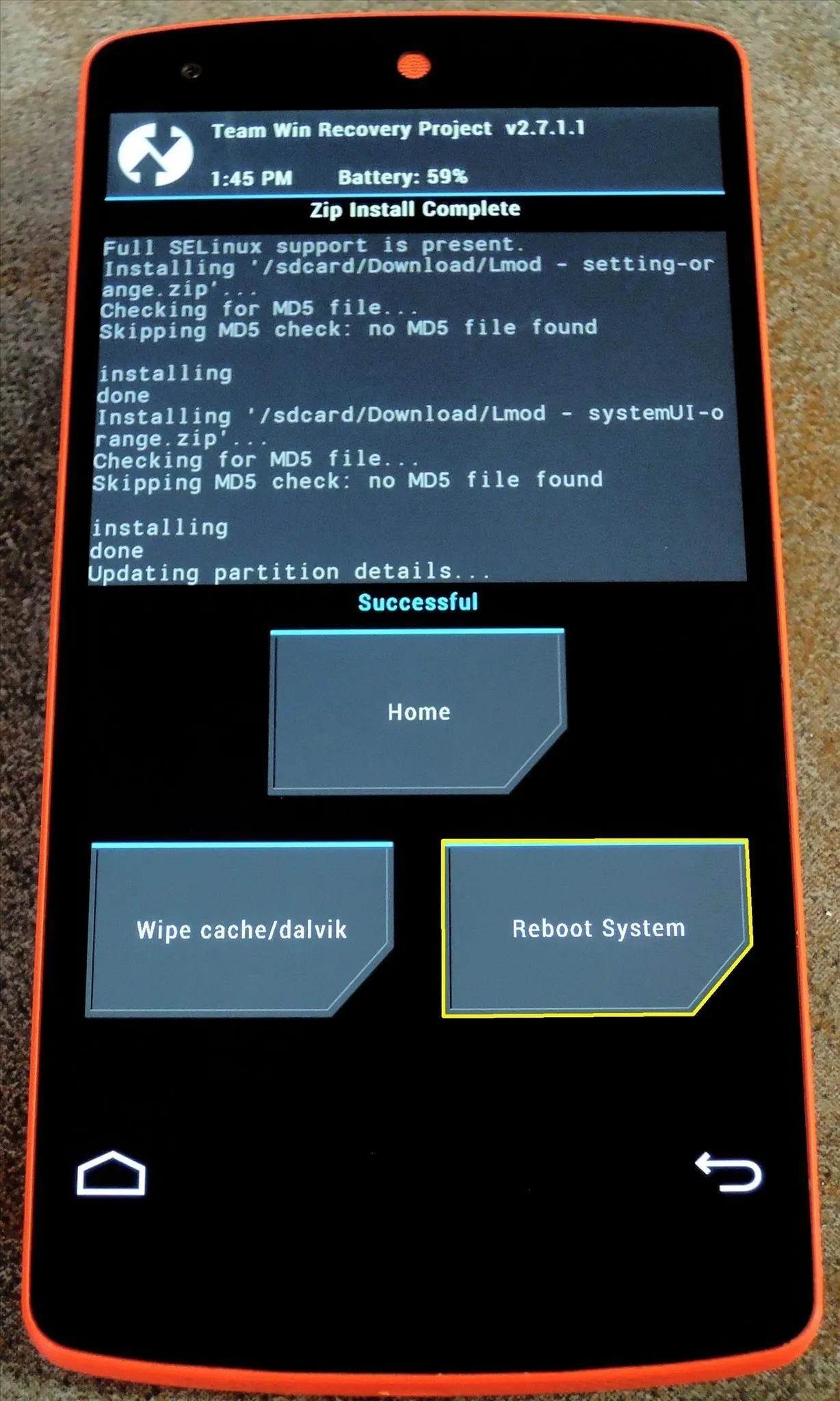 Custom recovery interface on an Android device.