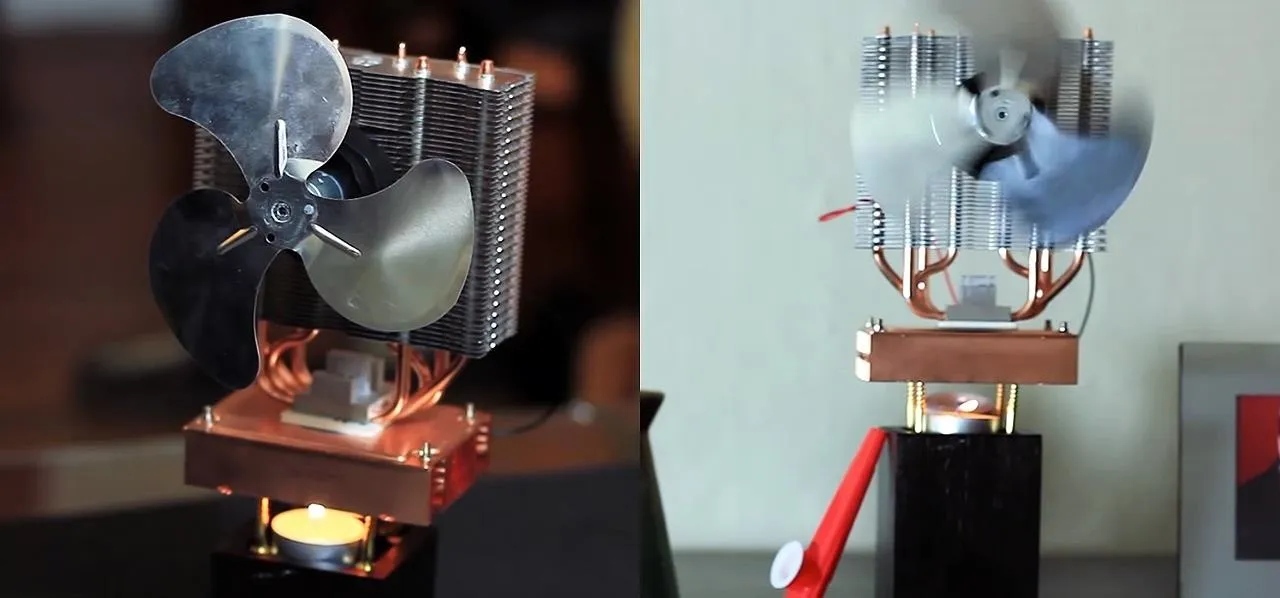 Two compact cooling fans on stands, showcasing their metal blades and heatsink designs.