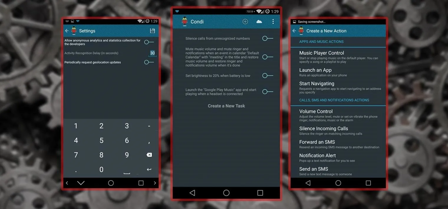 Screenshots of a mobile app interface displaying settings and features.