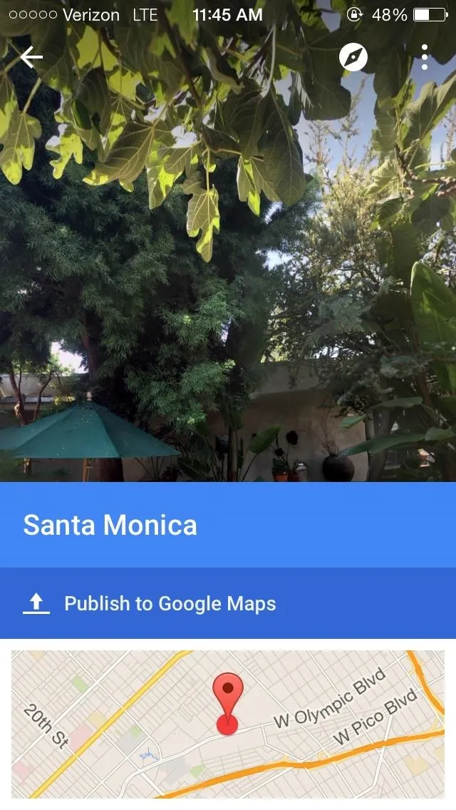 Santa Monica map location with greenery in the background.