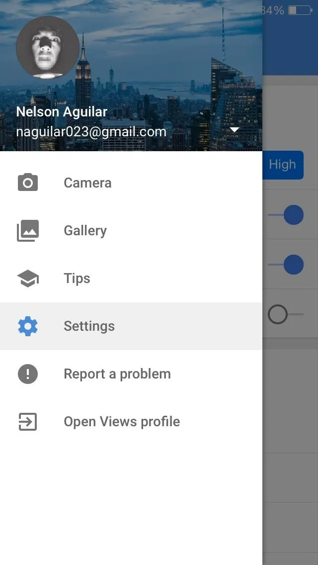 Settings menu on a mobile app with user profile icon.