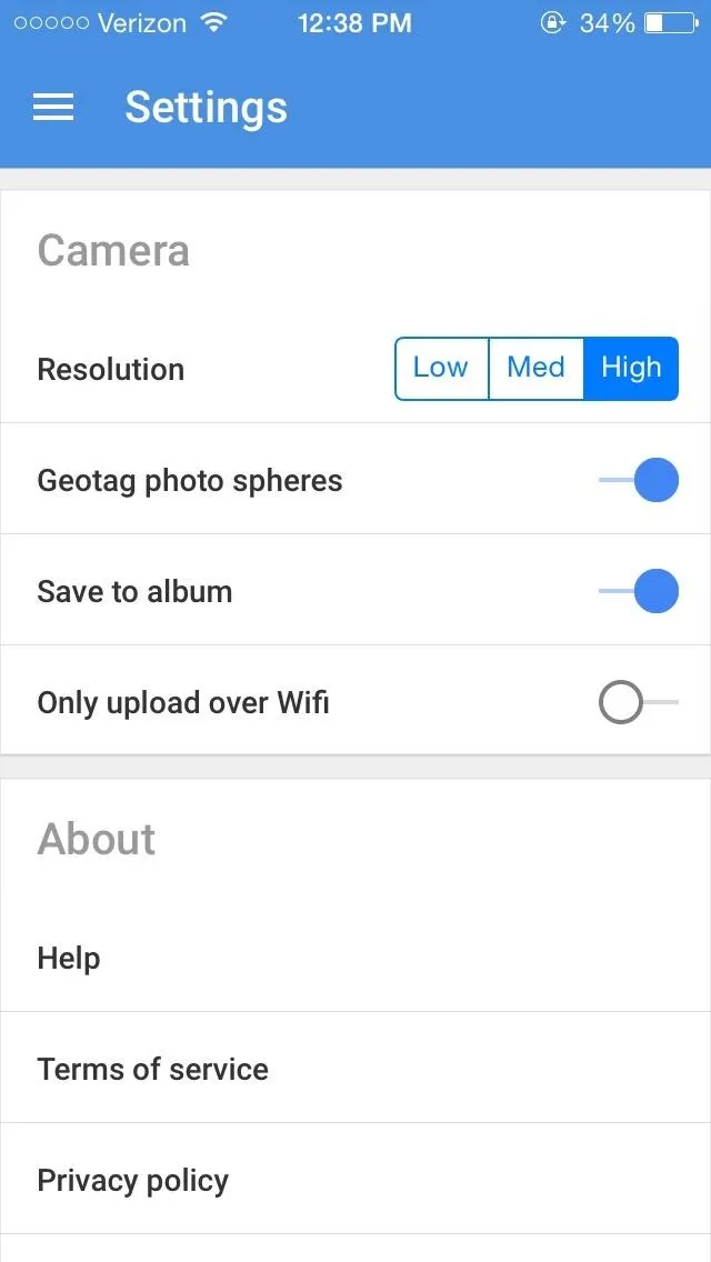 Settings menu with options for camera resolution and album access.