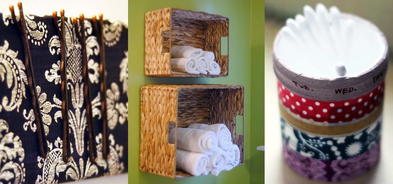 Decorative bathroom storage with patterned towels and baskets.