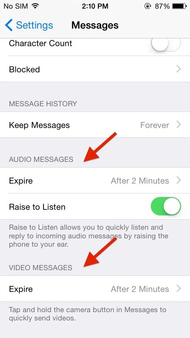 Settings menu for messaging on a mobile device.