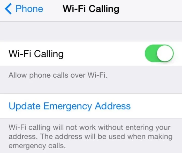 Wi-Fi Calling settings on a smartphone.