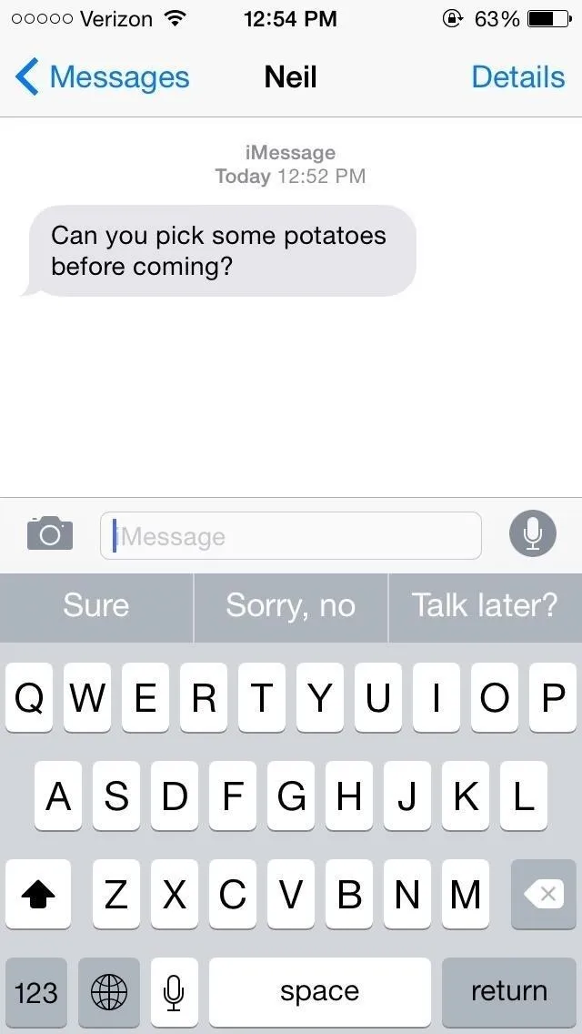 Text message asking to pick up some potatoes before arriving.