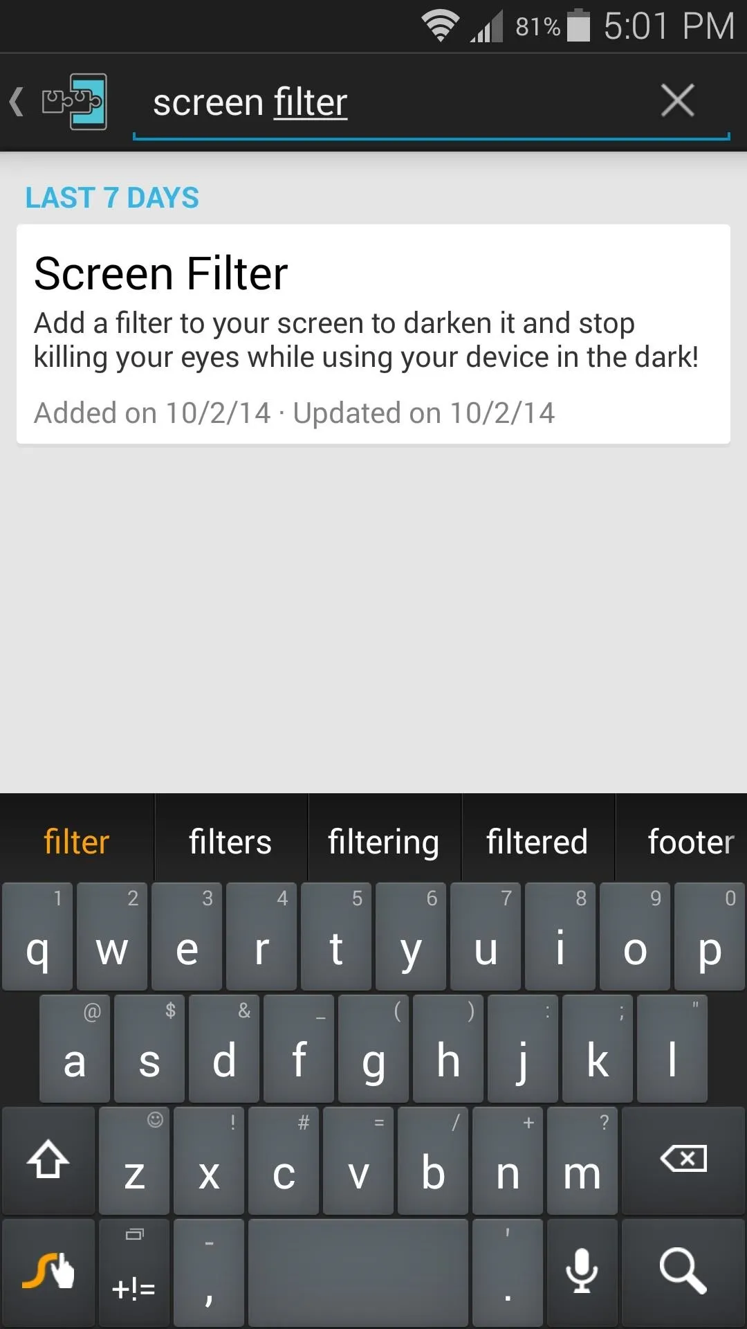 Screen Filter app interface with instructions for use.