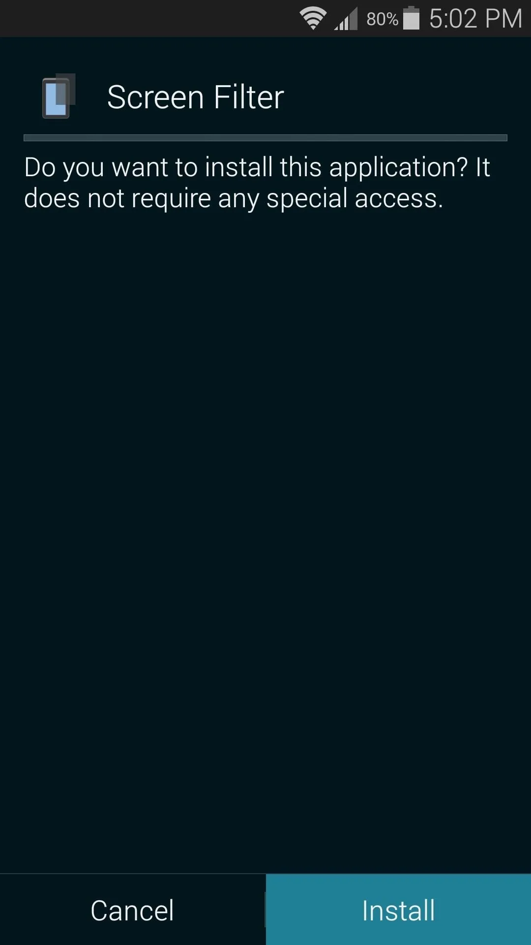 Screen filter installation prompt on a mobile device.