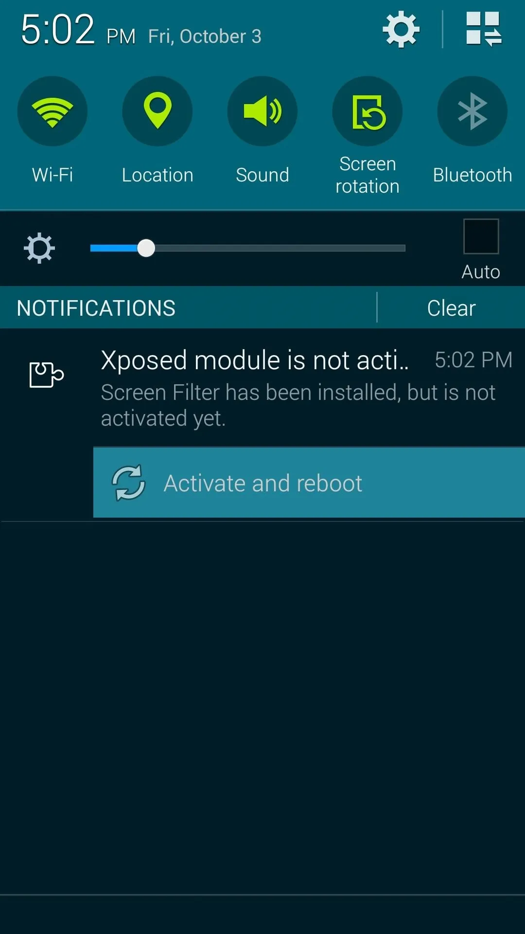 Notification panel showing a warning about a missing module.